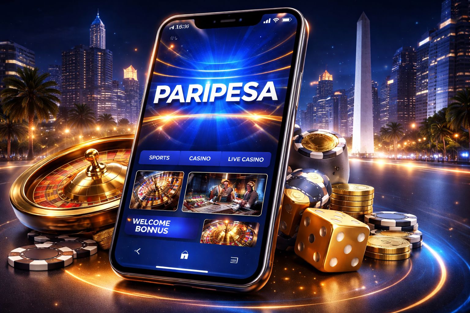 Smartphone mostrando la plataforma móvil Paripesa con secciones de casino y apuestas en un entorno moderno inspirado en Argentina.