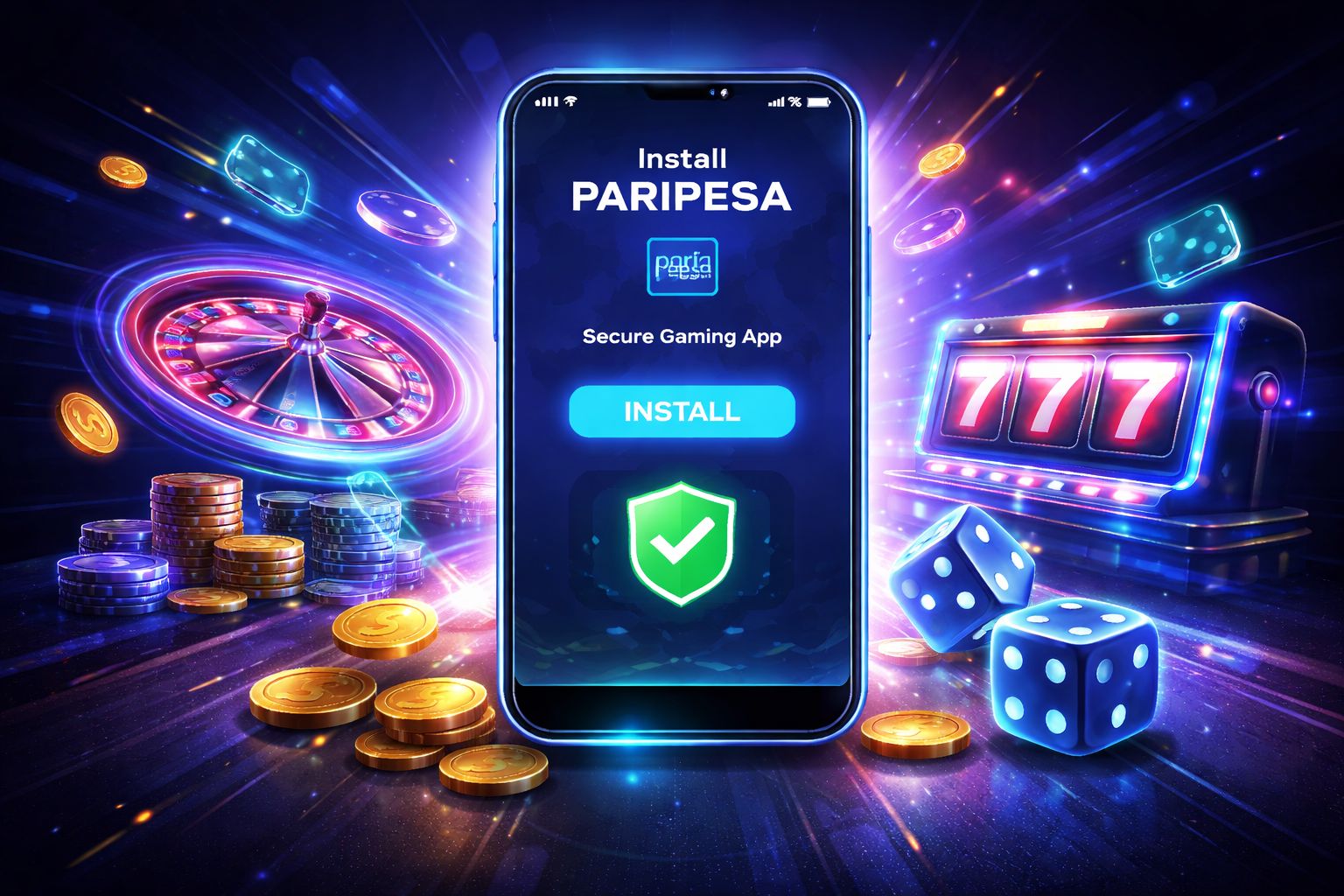 Dispositivo móvil instalando el APK de Paripesa con visuales brillantes de juego y una interfaz segura para usuarios en Argentina.