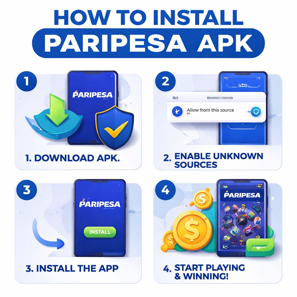 Escena ilustrada de instalación móvil para la app Paripesa mostrando pasos de descarga y configuración en un smartphone.