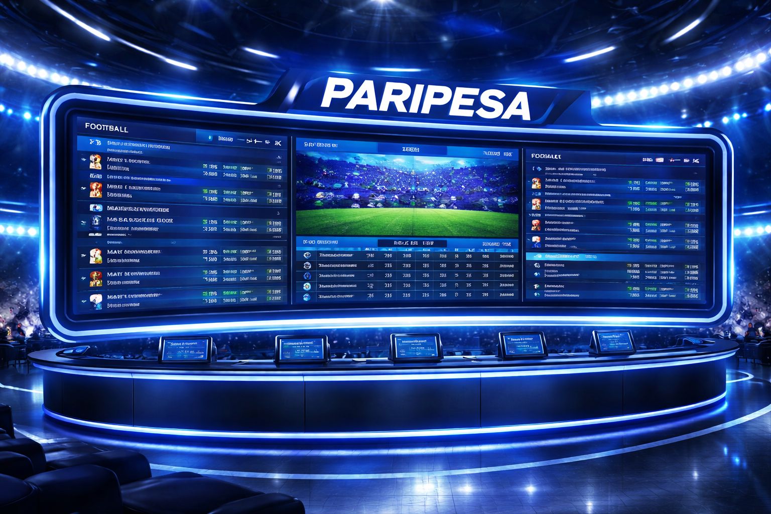 Pantalla de casa de apuestas Paripesa con cuotas deportivas, mercados de partidos y iluminación inspirada en estadio de fondo.