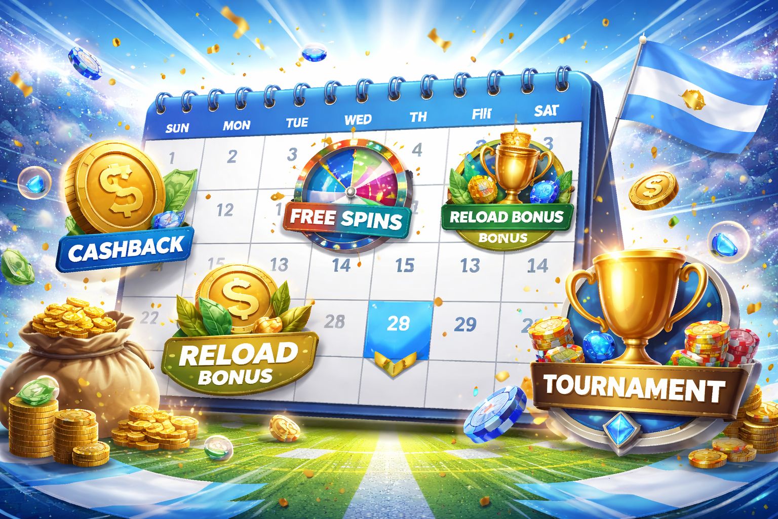 Resumen de promociones Paripesa estilo calendario con reembolsos, bonos de recarga y eventos de giros gratis diseñados para jugadores en Argentina.