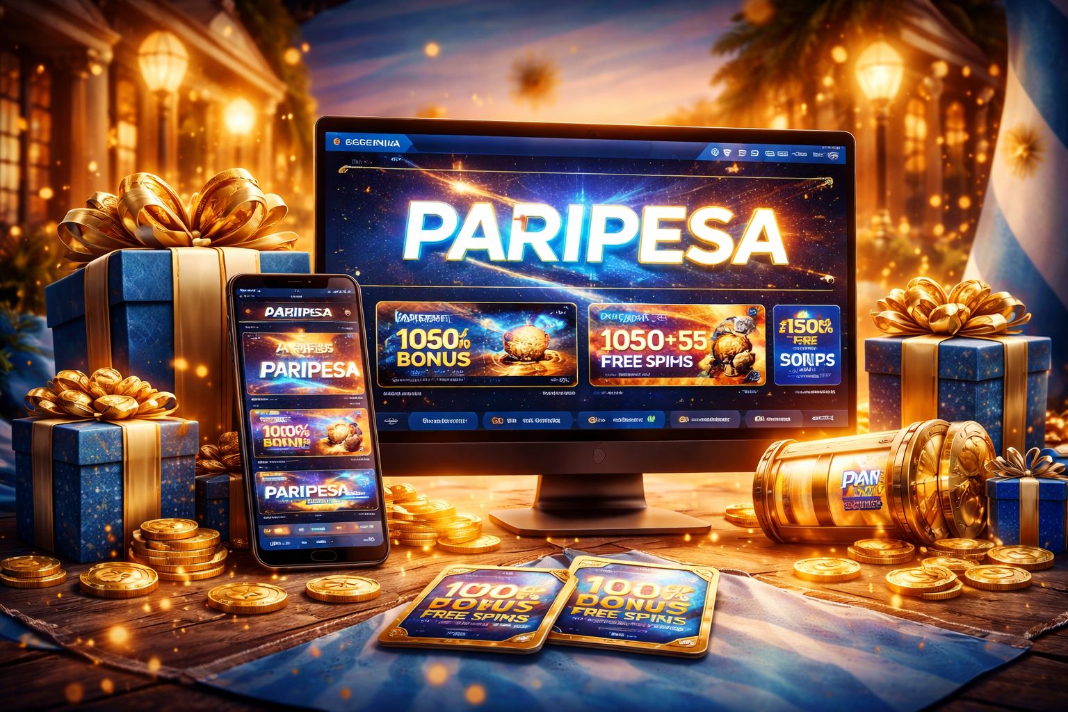 Interfaz promocional de bonos Paripesa con recompensas de bienvenida destacadas, ofertas de recarga y opciones de reembolso para jugadores en Argentina.