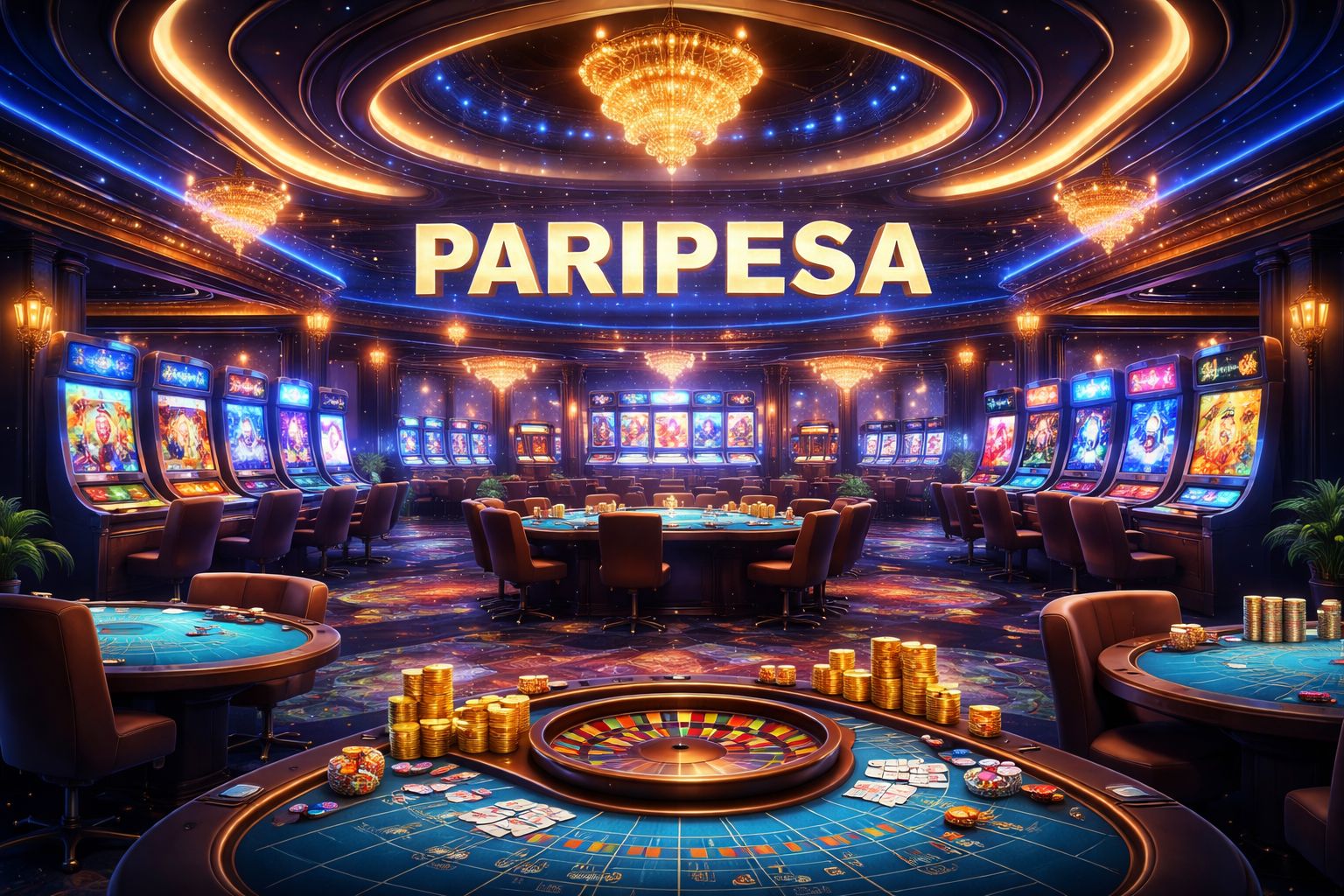 Lobby elegante de Paripesa casino con mesas en vivo y pantallas digitales de tragamonedas para jugadores en Argentina.