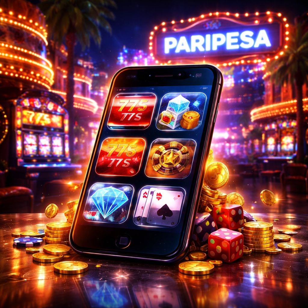 Una escena digital brillante de juegos con un smartphone mostrando títulos coloridos de casino Paripesa y símbolos brillantes en un ambiente animado