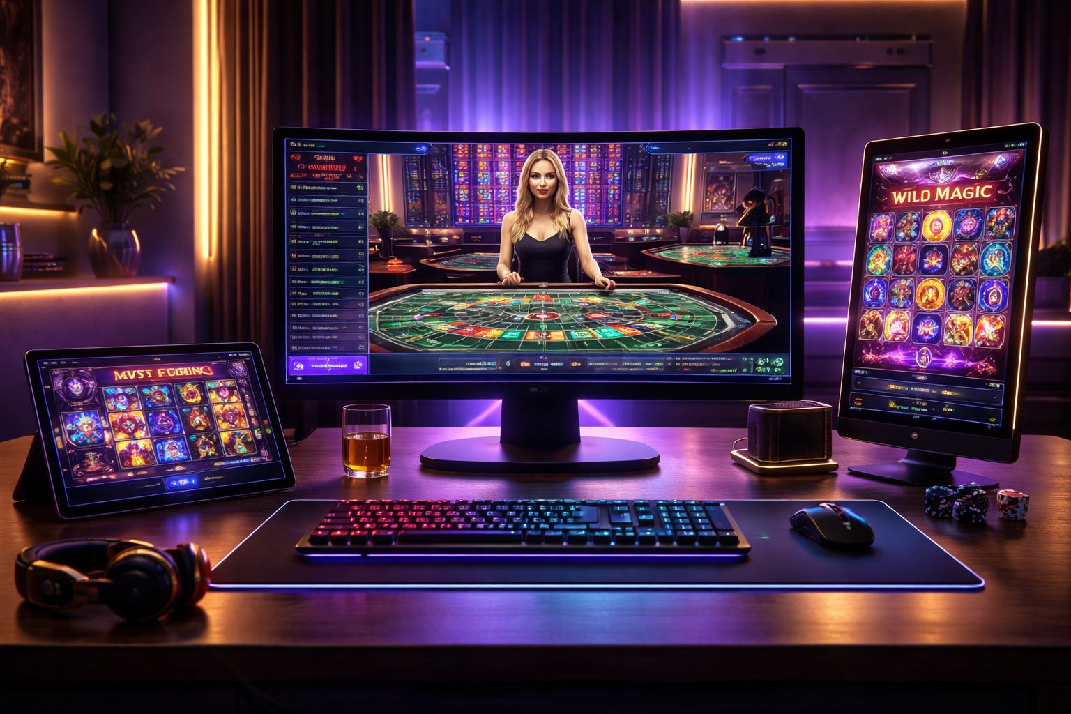 Una configuración moderna de casino digital destacando el juego Paripesa en múltiples dispositivos con iluminación ambiental vibrante