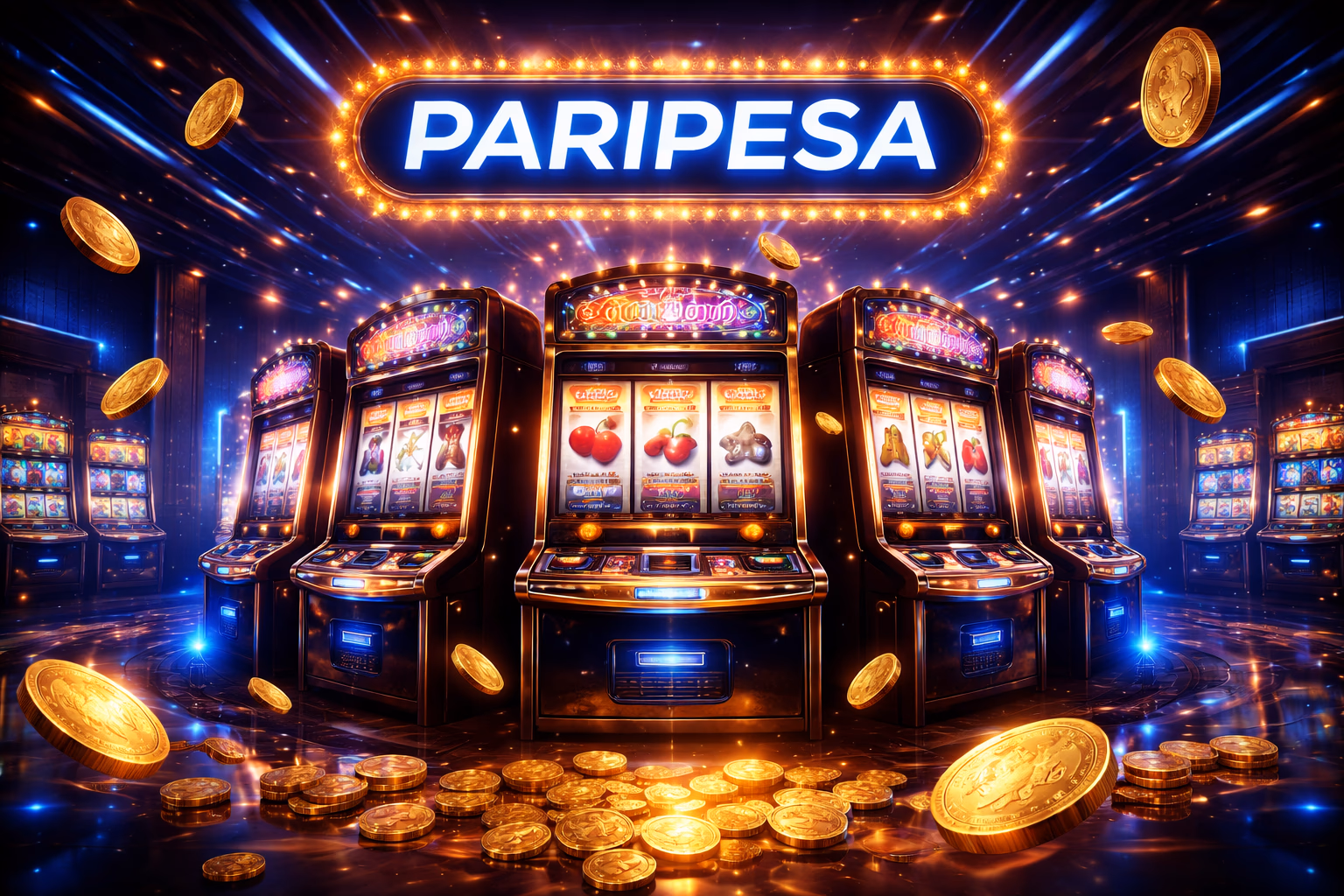 Carretes modernos de tragamonedas Paripesa brillando en un entorno oscuro inspirado en casino con símbolos y monedas brillantes.