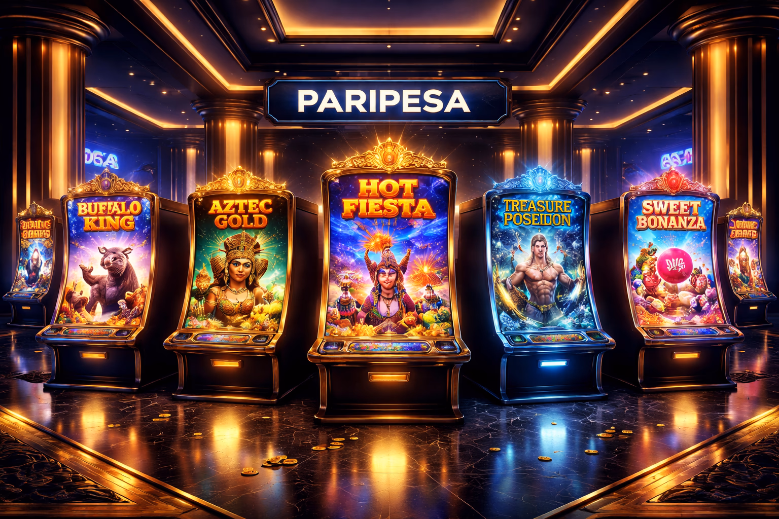 Catálogo de tragamonedas Paripesa mostrado como una colección premium de carretes temáticos y opciones de proveedores.